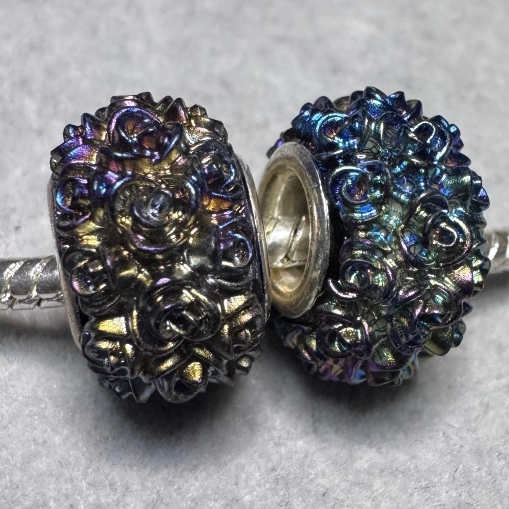 Unique Rose Flower Beads Iridescent Metallic Blue Purple Charm fits PANDORA